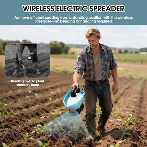 Man using handheld electric seed spreader for lawns cordless 3L capacity with 7.2V battery, 135-degree spread angle in field
