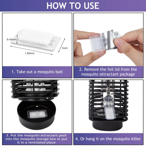 Instructions for Six Pack Mosquito Attractant Bait Refills For Bug Zappers And Fly Traps Mosquito Lure For Indoor Outdoor Use That Attracts Aedes Culex And House Mosquitoes Compatible With All Flying Insect Traps, showing steps to insert bait in trap or hang it.