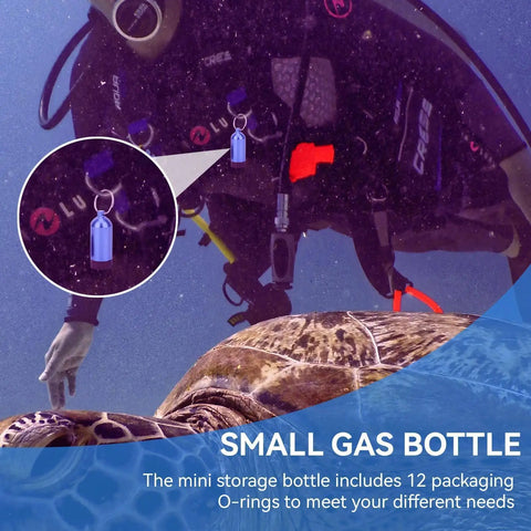 Diver using Mini Scuba Tank Key Ring Kit with Aluminum Alloy Frame and 12 O Rings for Regulator, Valve, Hose Maintenance.