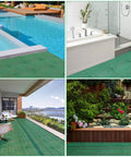 Interlocking Rubber Floor Tiles Eleven Point Six Inch Cushioned Mats With Drain Holes Non Slip Waterproof in various settings.