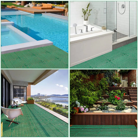 Interlocking Rubber Floor Tiles Eleven Point Six Inch Cushioned Mats With Drain Holes Non Slip Waterproof in various settings.