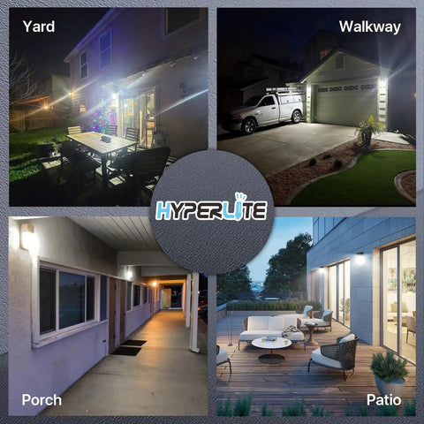 Collage of backyard, garage, porch, and patio lit by Wicked Bright 30W Outdoor Wall Pack Light With 3600 Lumens And 5000K Daylight LED.