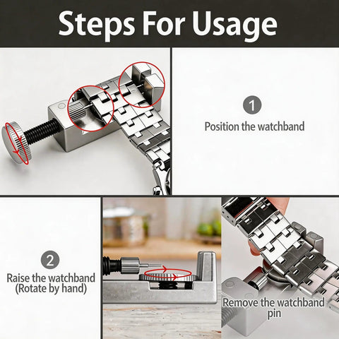 Guide on using All In One Watch Repair Kit With Link Removal Tool 18 Sizing Options, Screwdriver Set, Spring Bar Tool and Band Hole Punch.