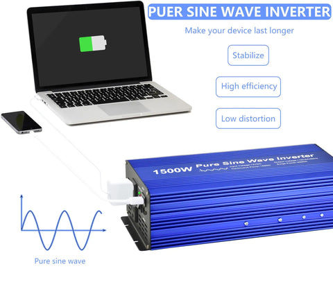 Straight Up Reliable Pure Sine Wave Power Inverter DC 12V To AC 110V 1500W 3000W Surge Dual American Sockets USB Port LCD Remote with laptop and phone.