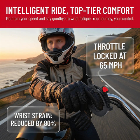 Universal Motorcycle Throttle Cruise Control And Motor Assist With Anti Slip Accelerator Clamp Durable Abs Twist Grip To Make Long Highway Rides Roll Easy In Classic Matte Black Finish on a motorcycle handlebar.