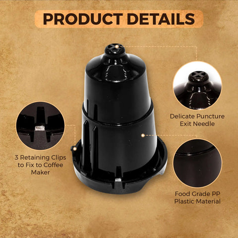 Replacement Keurig Pod Holder With Exit Needle for K-Elite and more, showing delicate puncture exit needle and plastic material.