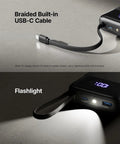 Hella Compact 20000mAh Power Bank With 45W Fast Charging showing braided USB-C cable and flashlight feature.