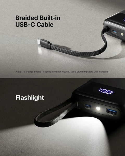 Hella Compact 20000mAh Power Bank With 45W Fast Charging showing braided USB-C cable and flashlight feature.