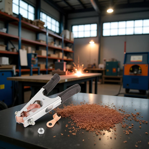 Heavy Duty 500A Welding Ground Clamp with Rubber Sleeve and Insulated Handle in industrial workshop