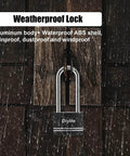 Aluminum padlock with key 2 pack waterproof and rustproof long shackle locks for outdoor use in rain on wooden door.