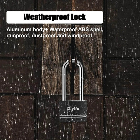 Aluminum padlock with key 2 pack waterproof and rustproof long shackle locks for outdoor use in rain on wooden door.