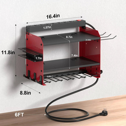 Cordless Tool Holder Wall Mount With Charging Station For Garage Or Workshop, Heavy Duty Tool Organizer Shelf With Power Strip, Bits, Screwdrivers And Hooks, Easy Install For All Cordless Tools