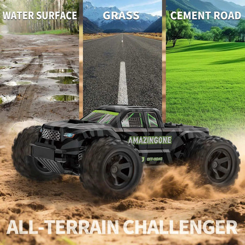 1/18 Scale Fast RC Car For Adults, 4WD All Terrain Beast Off Road Truck Reaching 35 KMH displayed on dirt track with terrain options