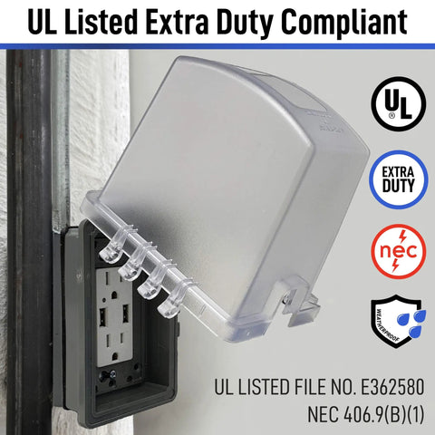 1-Gang Weatherproof Outdoor Outlet With Extra Deep 5 1/4 Inch Lockable Cover, Frost-Patented 18-Configuration Polycarbonate Design, UL Extra Duty Compliant, GFCI Duplex Switch Options For Wet Locations, mounted view