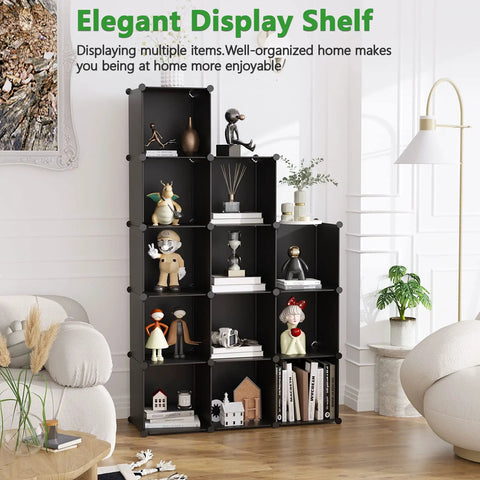 12 Cube Storage Organizer Shelving Unit With DIY Plastic Modular Book Shelf Cubby Cabinet For Bedroom Living Room And Home Office In Black 36.6 Long 12.4 Wide 48.4 High displayed with home decor.