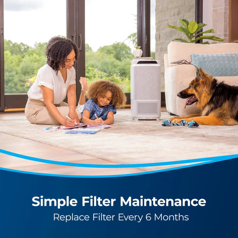 Genuine OEM Replacement HEPA Filter For Air 280 And Air 280 Max Vacuum Cleaners in living room setting with family and dog