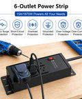 Heavy Duty Surge Protector Power Strip With 6 Outlets 2500J Surge 15A 1875W 4Ft Cord 14AWG Flat Plug Metal Build