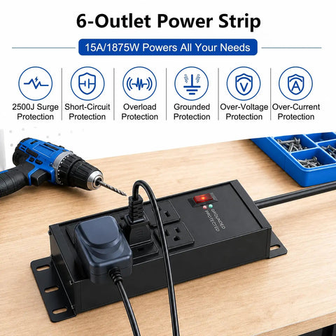 Heavy Duty Surge Protector Power Strip With 6 Outlets 2500J Surge 15A 1875W 4Ft Cord 14AWG Flat Plug Metal Build