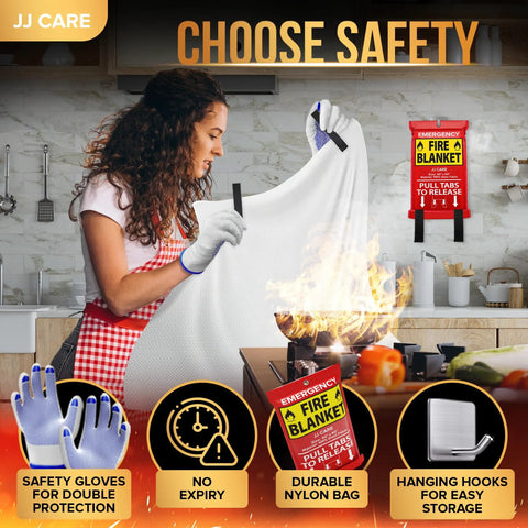 Woman using 5 Pack Fire Blanket Set With Hooks And Gloves, 40x40 Inch Emergency Fire Blanket For Home, Kitchen And Camping to extinguish fire.