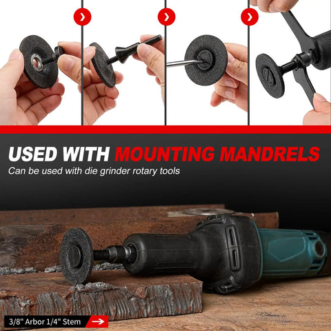 4 Pack Grinding Wheel Adapter Mandrels in use with die grinder, showing secure fit on cutting disc, 1/4 inch stem.
