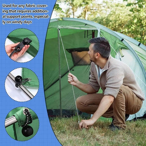 Man securing tent with All In One Tarp Clip Set Built Tough With Heavy Duty Clips And Ball Bungee Cords 72 Piece Pack