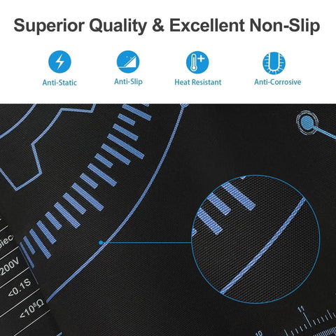 Close-up of 24x16 Inch Anti Static Rubber Mat Kit for ESD Sensitive Electronics Repair showing anti-static and anti-slip features