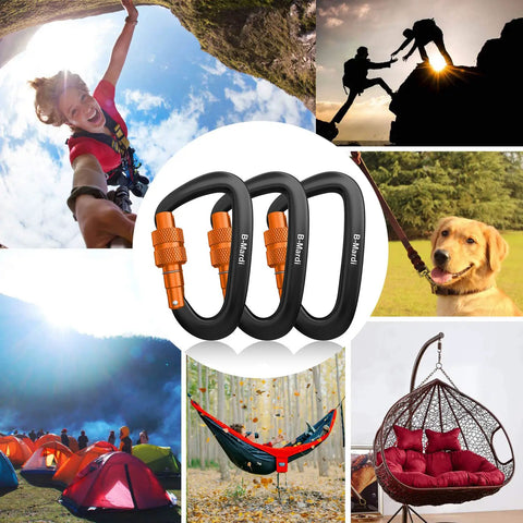 Collage showing Beefy Heavy Duty Locking Carabiner Clips 12kN Aluminum 7075 in outdoor and camping scenarios