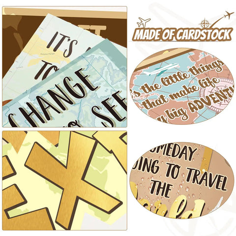 Travel The Map Bulletin Board Set For Classrooms 27 Piece Travel Cutouts with motivational sayings and vintage design.