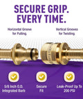 Garden Hose Repair Kit With Inline Quick Connect Fittings For Five Eighth Inch Hose Splice Kit With Male And Female Quick Connectors Includes 2 No Tool Needed Hose Clamps For Easy Leak Free Repairs showing brass fittings with grooves for secure grip.