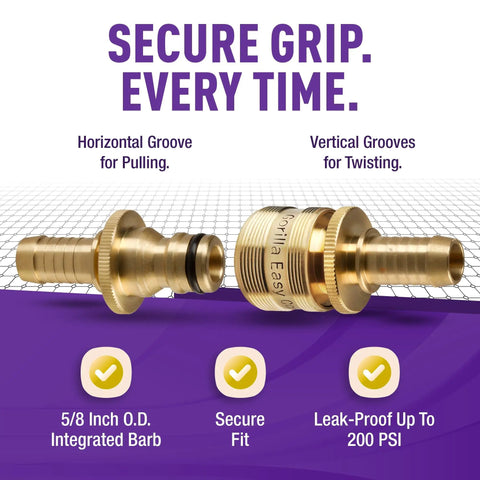 Garden Hose Repair Kit With Inline Quick Connect Fittings For Five Eighth Inch Hose Splice Kit With Male And Female Quick Connectors Includes 2 No Tool Needed Hose Clamps For Easy Leak Free Repairs showing brass fittings with grooves for secure grip.