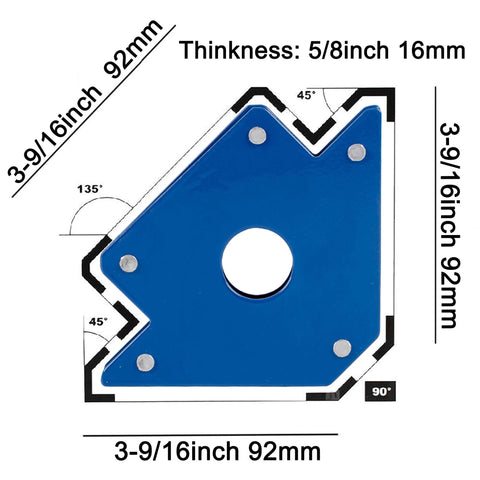 Blue arrow-shaped welding magnet plate with central hole, 92mm wide, 16mm thick, 50 lb capacity for 45/90/135° angles