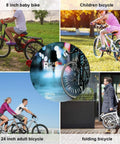 Collage of four bicycles with 36 Pcs Cycling Reflectors In Red Yellow And Blue For Your Night Rides on different wheels.