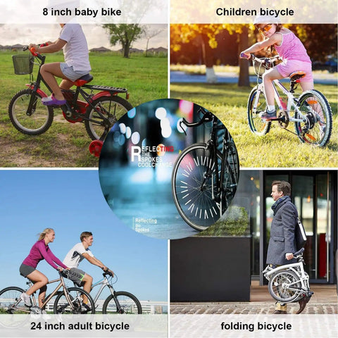 Collage of four bicycles with 36 Pcs Cycling Reflectors In Red Yellow And Blue For Your Night Rides on different wheels.