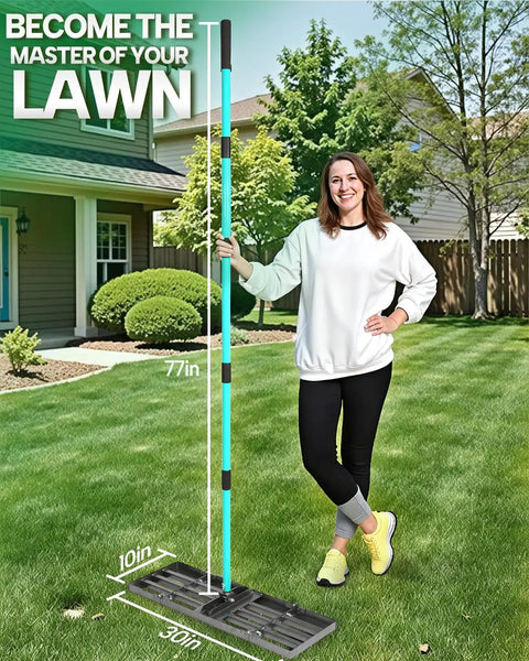 Person holding Lawn Leveling Rake With 30 Inch Head And 78 Inch Adjustable Steel Handle For Soil Sand Dirt And Grass