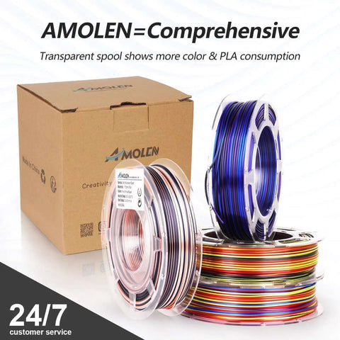 Silk Multicolor Rainbow PLA Filament Bundle For 3D Printing, 1.75mm, Four 200g Spools with transparent side view