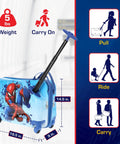 Spider-Man kids ride-on luggage with spinner wheels and dimensions, showcasing pull, ride, and carry options for young travelers.