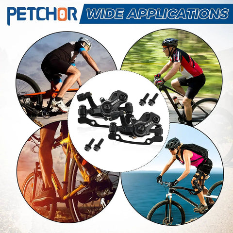 Heavy Duty Mechanical Disc Brake Set Front And Rear Calipers For MTB Road Bike With Tight Linear Pull Braking Power and images of cyclists using bikes.