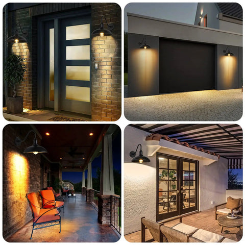 Dusk to Dawn Exterior Barn Light With Gooseneck Design at doors, garage, porch, and patio, highlighting outdoor ambience.