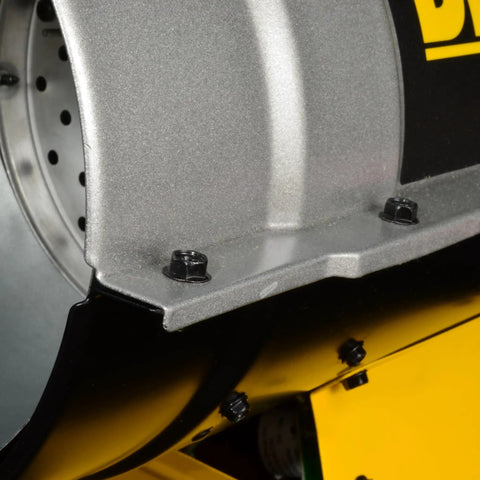 Close-up of Heavy Duty Forced Air Propane Heater 90000 BTU with quiet burner technology, showcasing metallic design and assembly detail.