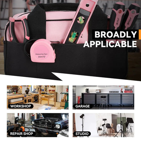 Pink 7 Piece Tool Kit For Home DIY With Screwdriver Pliers Measuring Tape Level Scissors And Wide Open Mouth Canvas Storage Bag