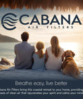 Family and dog overlooking ocean with Cabana Air Filters logo at sunset, breathe easy tagline, related to Six Pack 20x25x1 MERV 11 HVAC Air Filter.