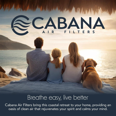 Family and dog overlooking ocean with Cabana Air Filters logo at sunset, breathe easy tagline, related to Six Pack 20x25x1 MERV 11 HVAC Air Filter.