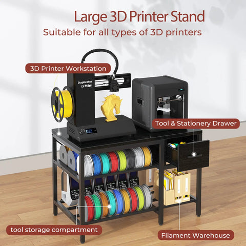 Heavy Duty Metal 3D Printer Stand With Filament Storage And Power Hub Rock Solid Workstation Rig With Tool Drawer And Dual Storage Cubbies For DIY Creators