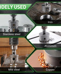 18 Pc Metal Hole Saw Kit with TCT Carbide Teeth, cutting stainless steel, iron, and aluminum, showing versatility