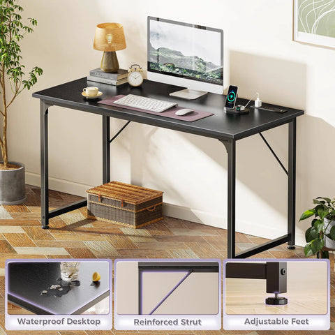 47 By 20 Inch Office Desk With Built In Power Outlets And USB C Port For Home Office And Gaming Metal Frame In Black Finish