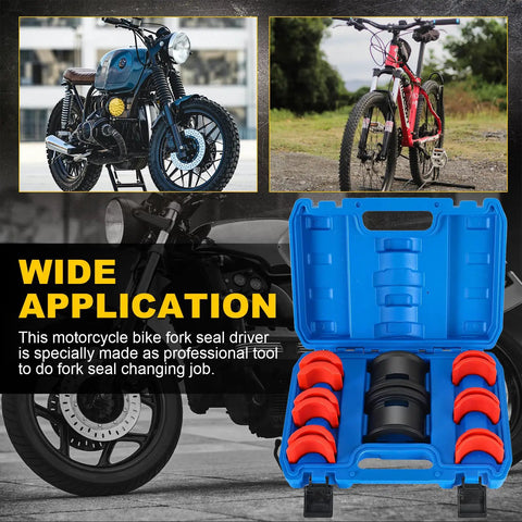 14 Piece Universal Fork Seal Driver Tool Kit for Motorcycle Front Forks 35mm to 50mm in open blue case