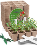 Seed Starter Tray Kit With 240 Cell Biodegradable Peat Pots, 20 trays, green transplant tools, and white labels for seedlings.