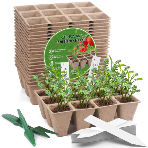 Seed Starter Tray Kit With 240 Cell Biodegradable Peat Pots, 20 trays, green transplant tools, and white labels for seedlings.