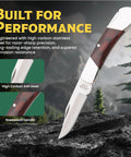 Compact 2.25 Inch Folding Pocket Knife With 440 Stainless Clip Point Blade Rosewood Handle And Nickel Silver Bolsters Manual Lockback EDC Knife For Everyday Carry Camping And Outdoor Use displayed on rock with mountain and text detailing high carbon steel and rosewood handle.