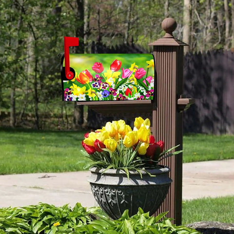 Spring Tulip Magnetic Mailbox Cover 21 By 18 Inches Fits Standard Mailboxes Outdoor Garden Decor with bright tulip design